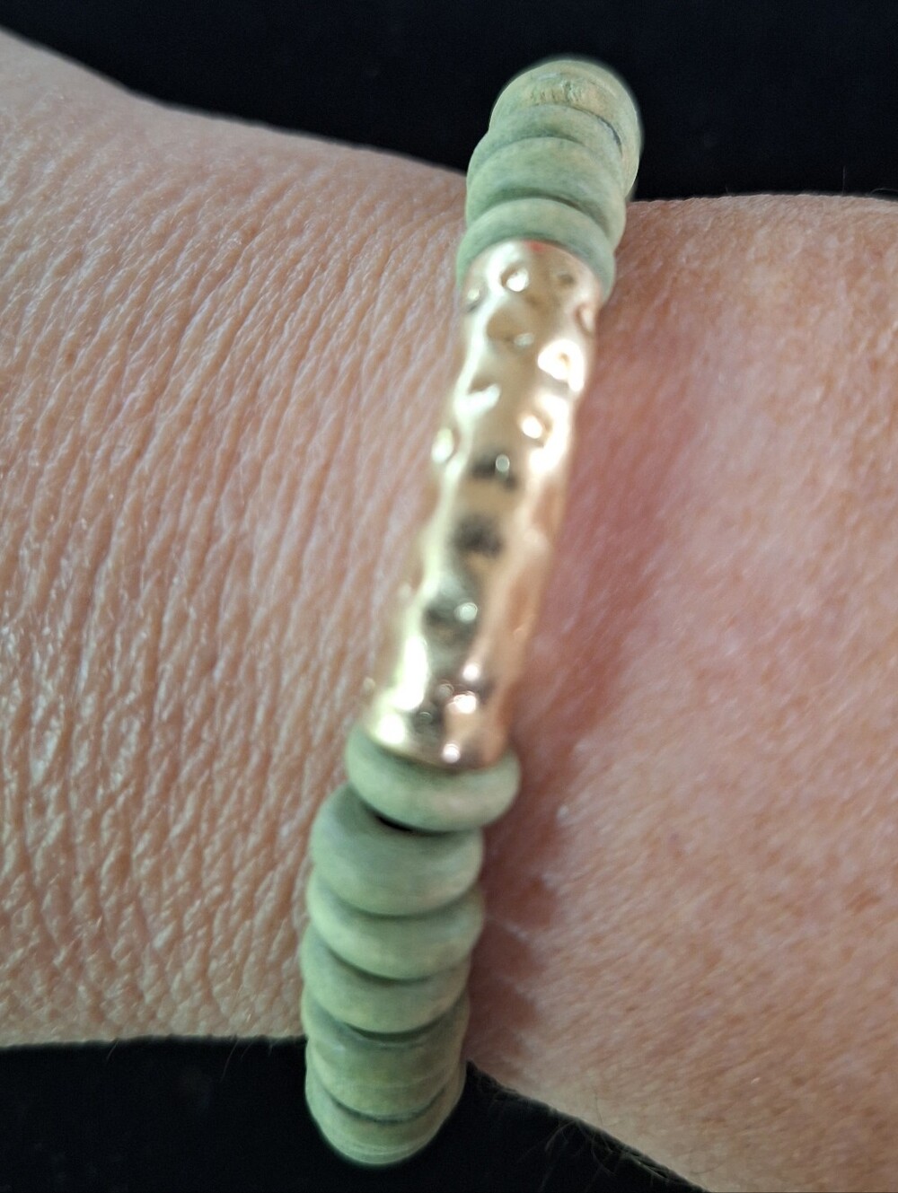 Gold Accent Green Wooden Beaded Stretch Bracelet
